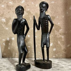 Vintage Pair of Hand Carved Tanganyika East African Tribesmen Statues Ebony 10”H